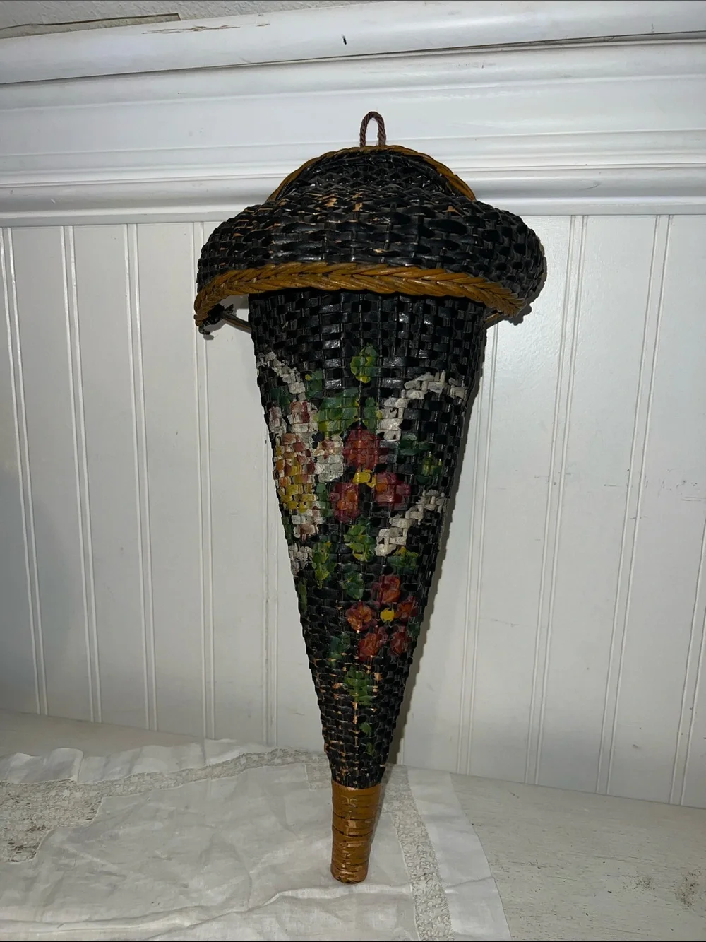 Antique Victorian wicker hand painted wall basket